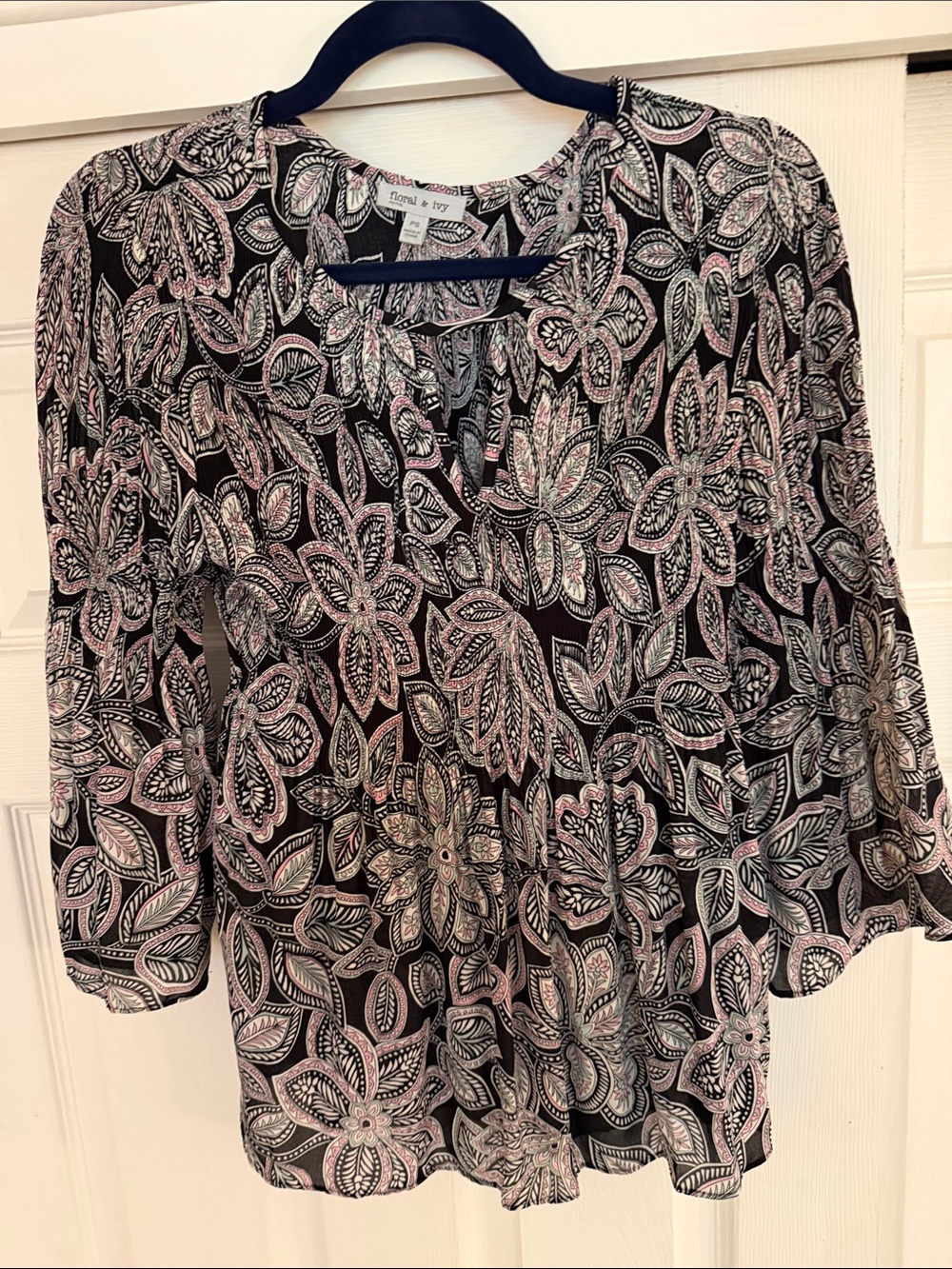 Floral V-Neck Peasant Blouse - Black with Pink & Cream Accents